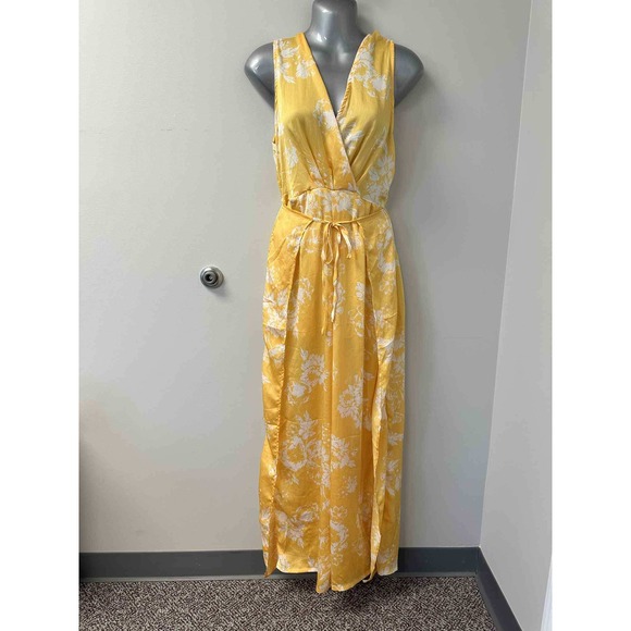 FAVLUX Fashion Yellow Floral Wide‎ Leg Jumpsuit V-Neck Sleeveless Size 29 - Picture 1 of 4